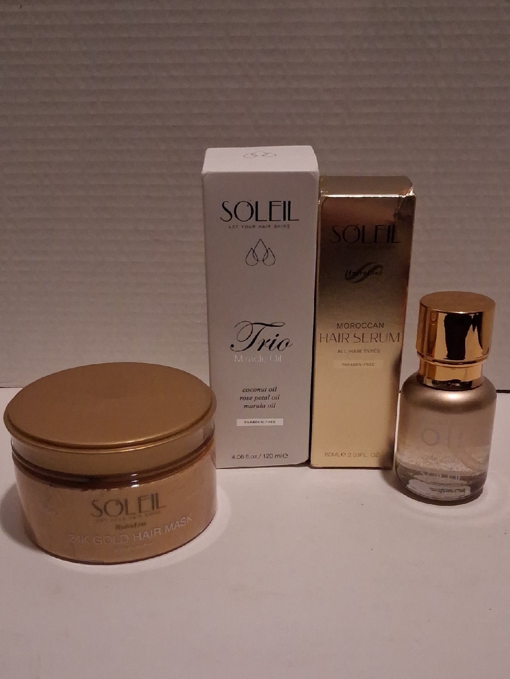 Soleil Trio Miracle Oil Hair Treatment, Argan Healing Oil 24K Gold, Mask, Serum